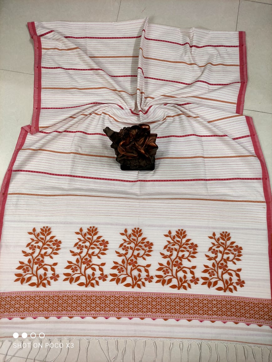 White Mustard Brown Stripe Pattern Handwoven Cotton Saree