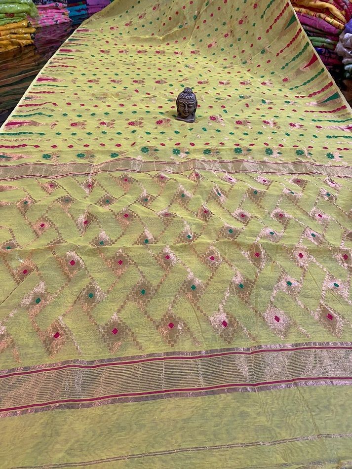 Yellow Multicolor Blend Dhakai Jamdani Cotton Silk Saree Without Blouse