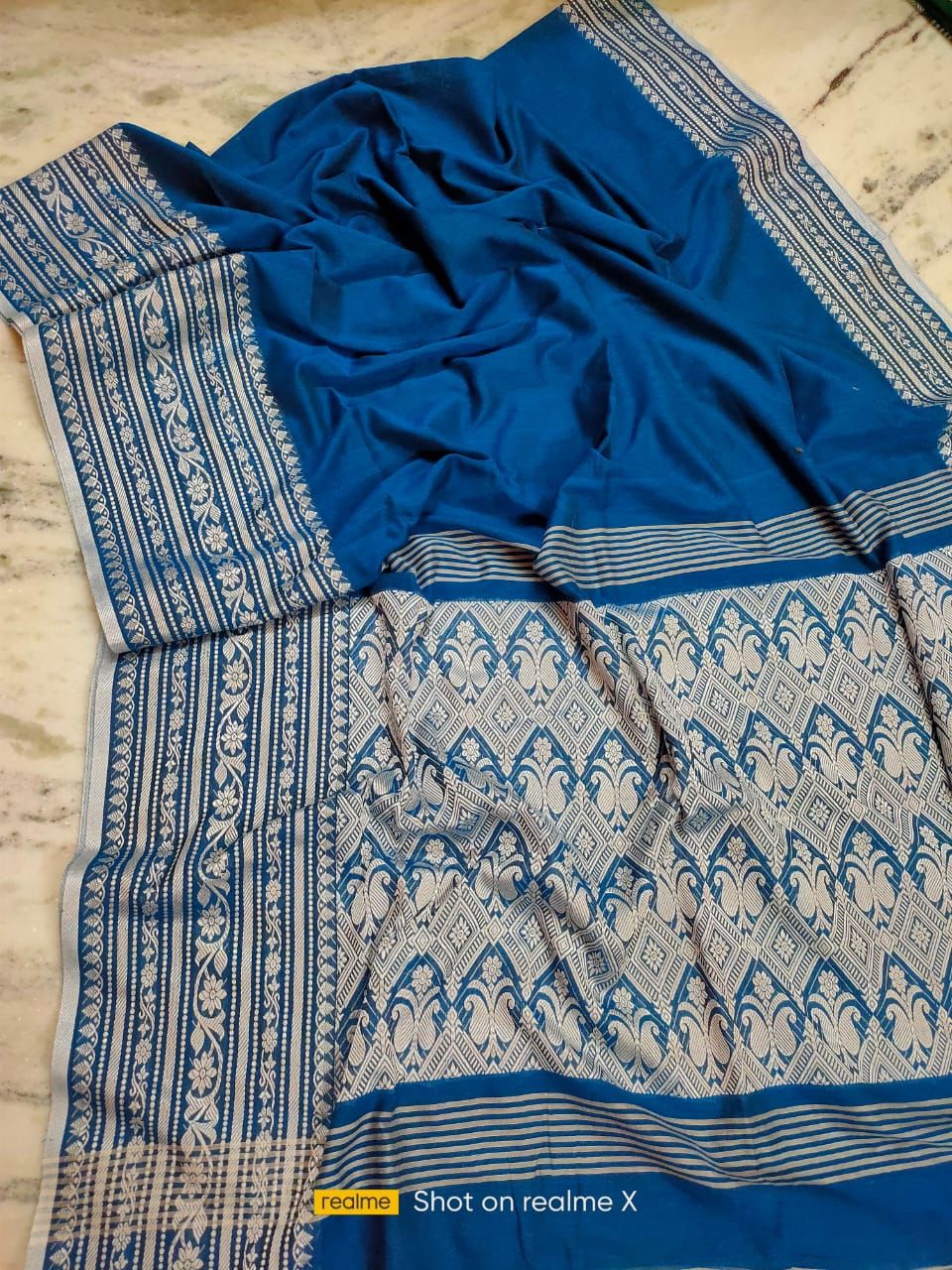 Breathtaking Blue White Fusion Cotton Saree With Big Borders