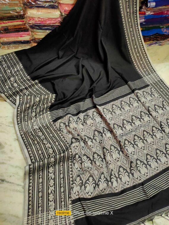 Brilliant Black White Fusion Cotton Saree With Big Borders