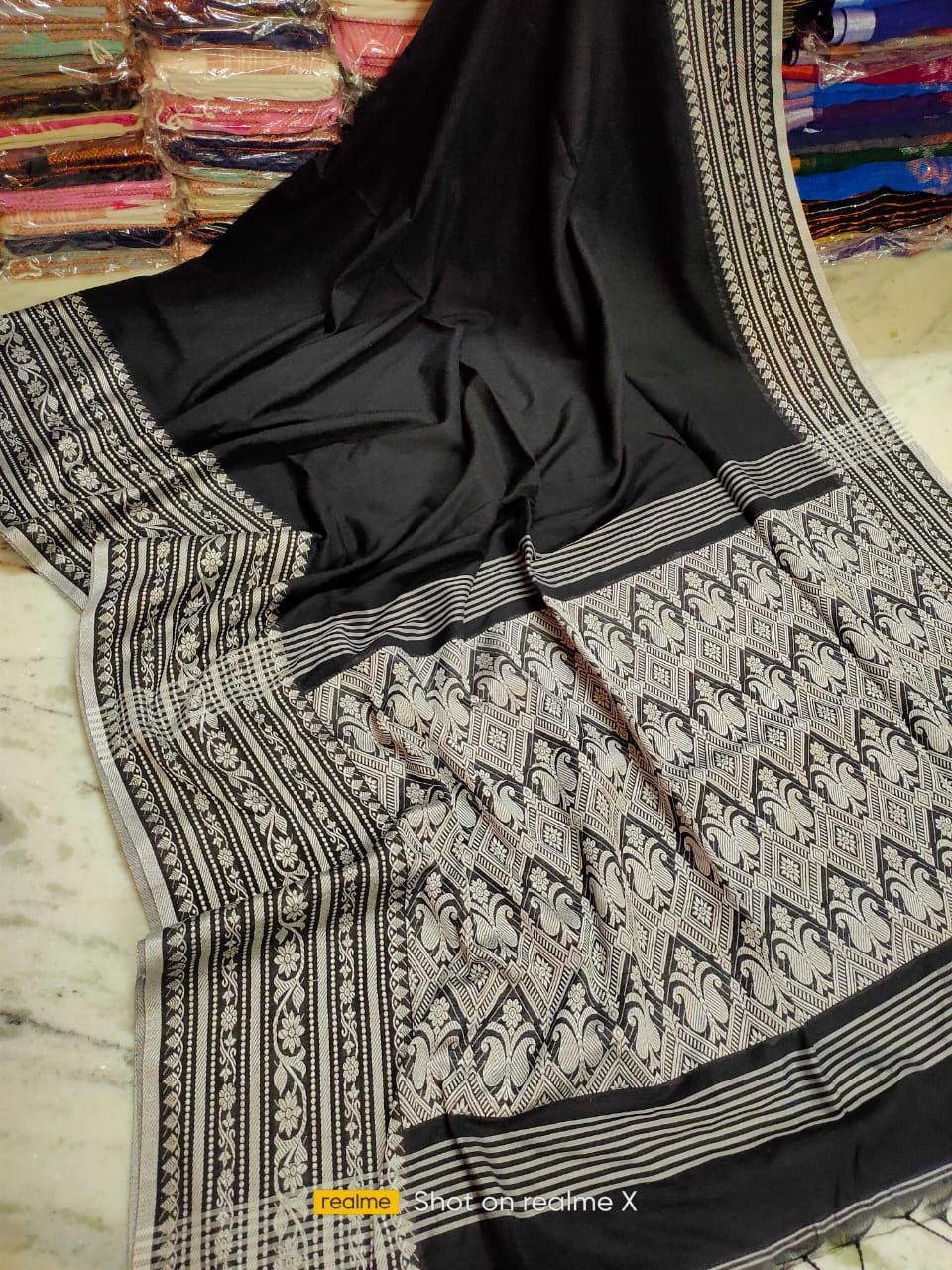 Brilliant Black White Fusion Cotton Saree With Big Borders