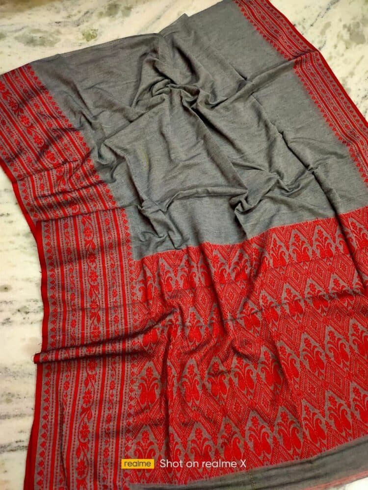 Grey & Red Ethnic Motifs Embroidered Cotton Blend Saree