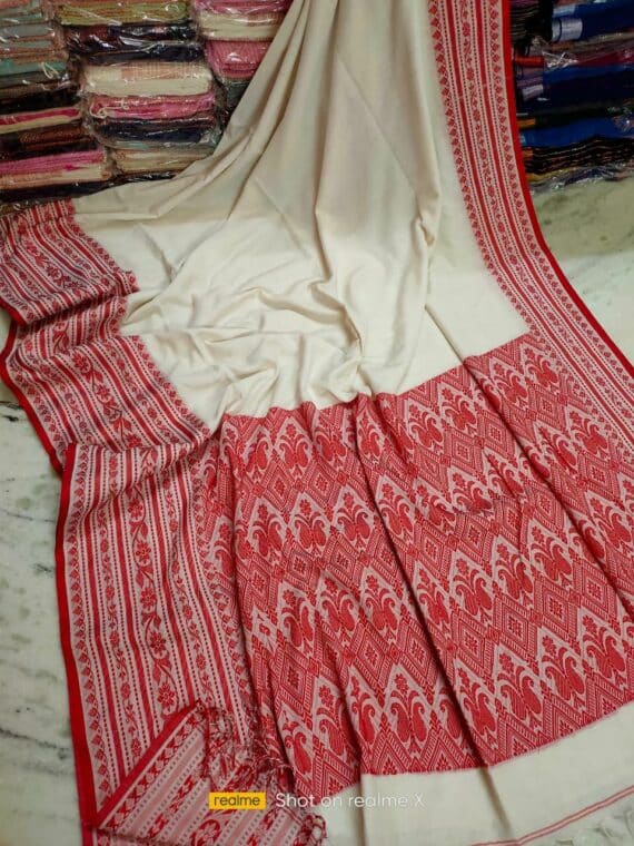 Splendid White Red Fusion Cotton Saree With Big Borders