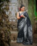 Stunning Black Handwoven Kanjivaram Inspired Linen Cotton Blend Saree2