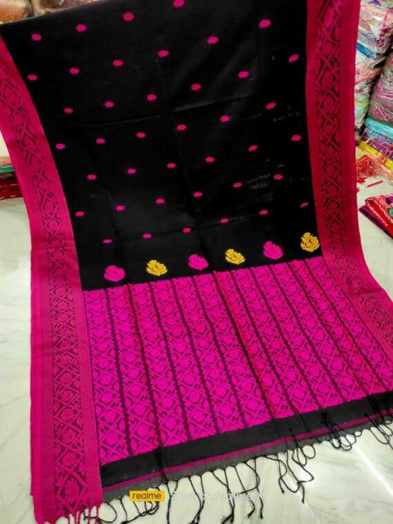 Awesome Black Piink Cotton Jamdani Handloom Saree