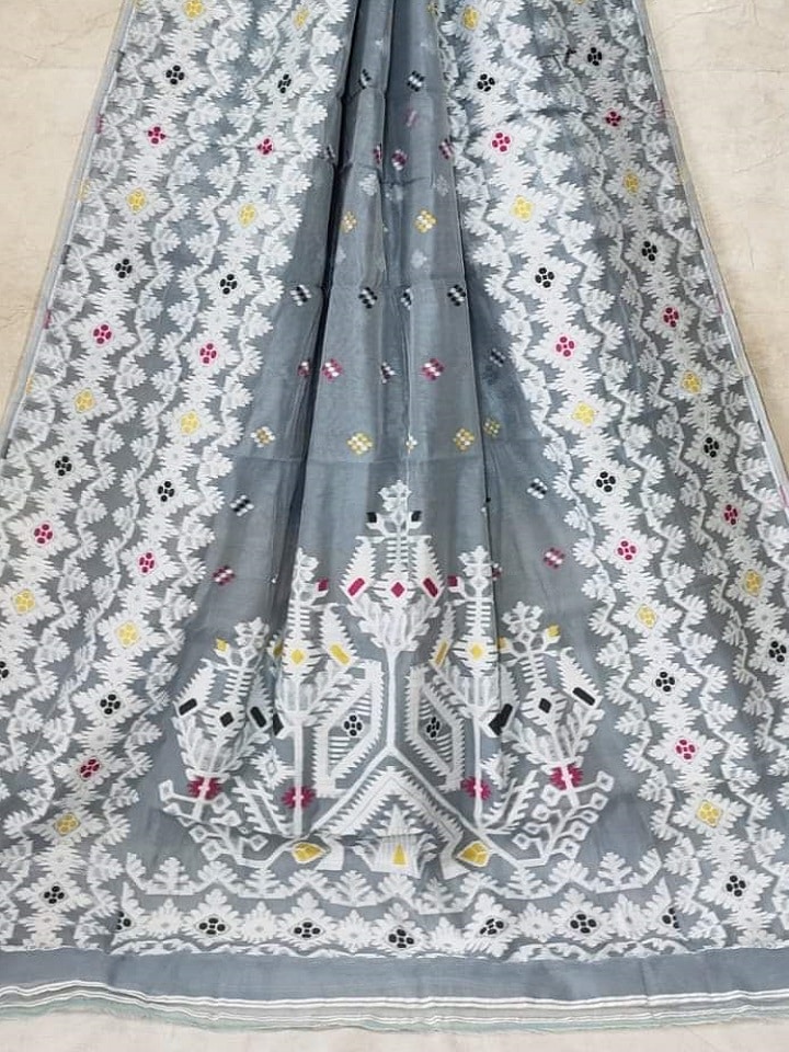 Awesome Grey Dhakai Jamdani Light Weight Cotton Silk Saree Without Blouse