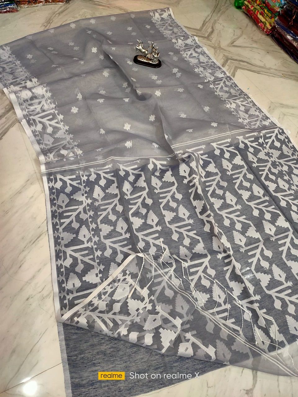 Awesome Grey Pure Resham Muslin Silk Jamdani Saree