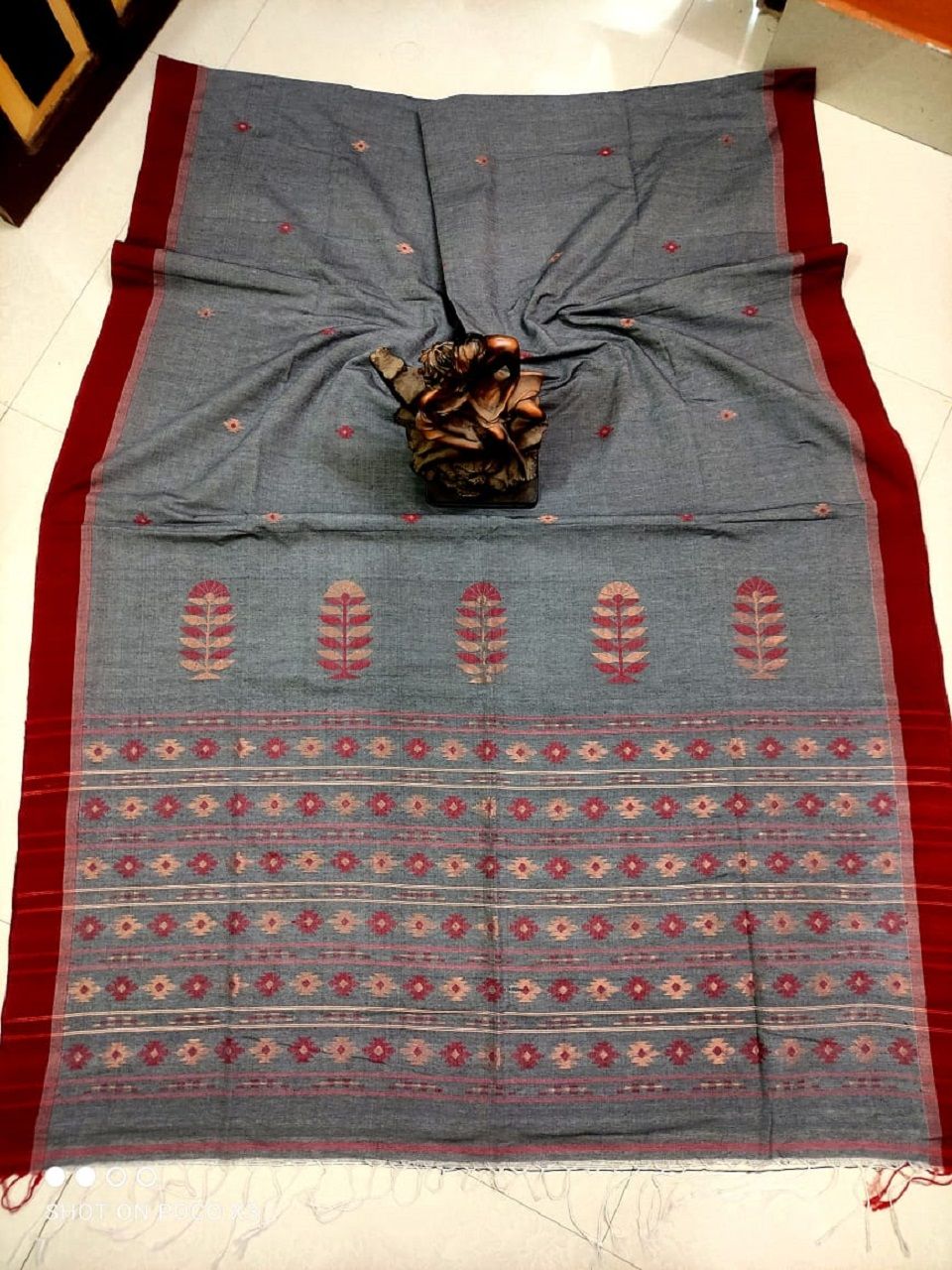 Awesome Grey Red Exclusive Top Quality Pure Mercerized Cotton Saree