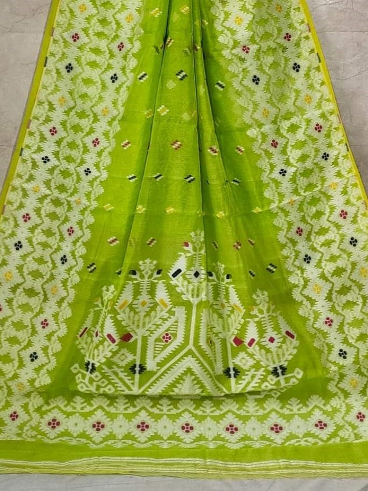 Beautiful Green Dhakai Jamdani Light Weight Cotton Silk Saree Without Blouse