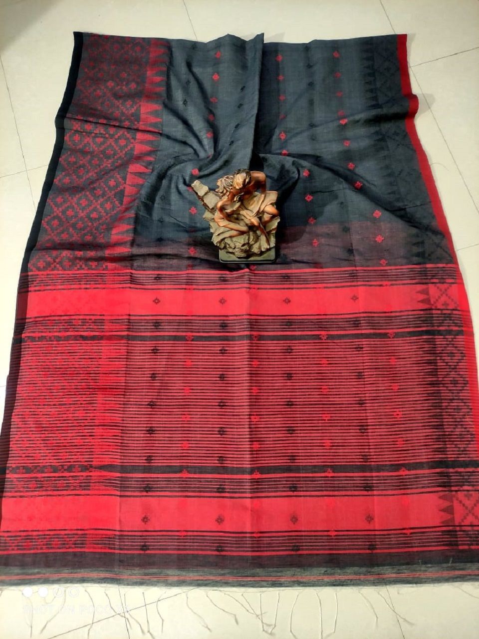 Black Cotton Silk Saree With Butti Weave And Temple Border