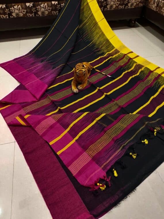 Black Stripe Pattern Pure Cotton Ikkat Weave Saree With Contrast Border