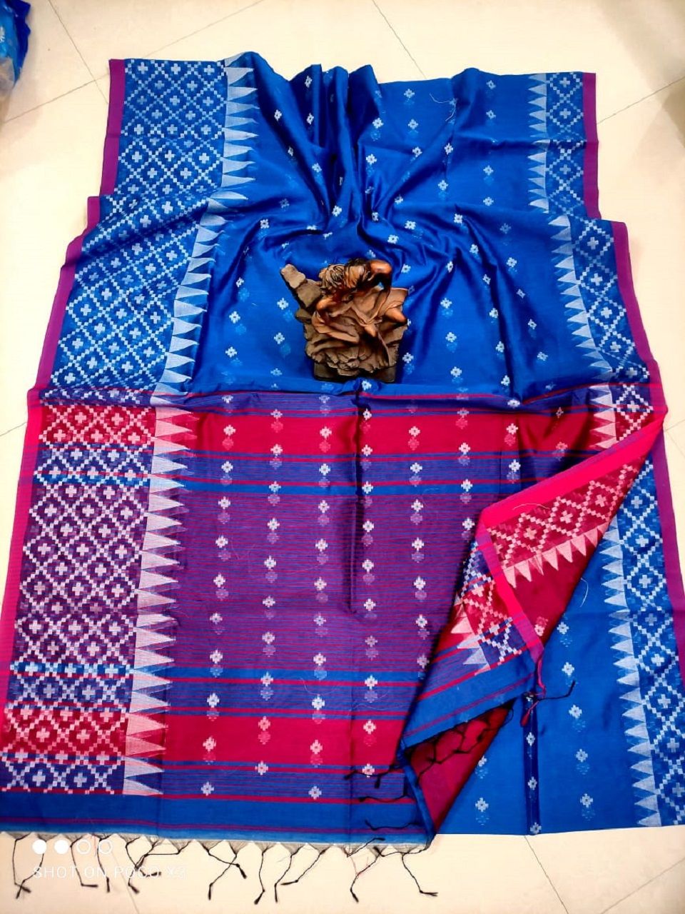Blue Cotton Silk Saree With Butti Weave And Temple Border