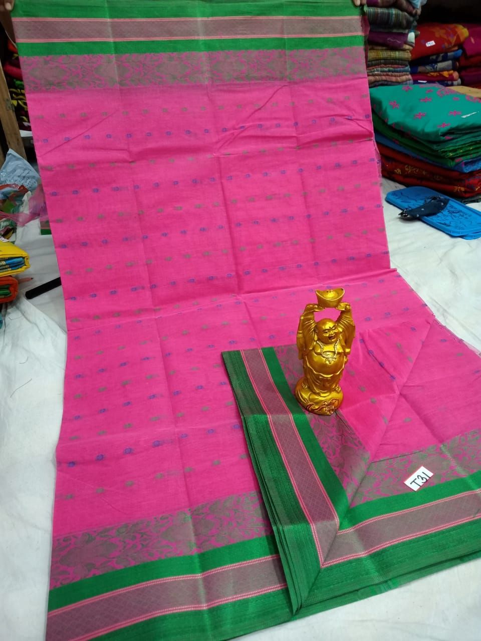 Classic Pink Green Bengal Tant Handloom Cotton Saree Without Blouse