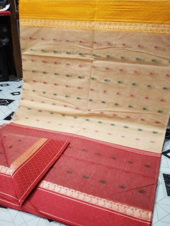 Cream Red Blend Bengal Tant Handwoven Cotton Saree Without Blouse