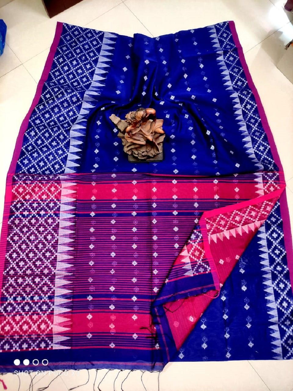 Dark Blue Cotton Silk Saree With Butti Weave And Temple Border