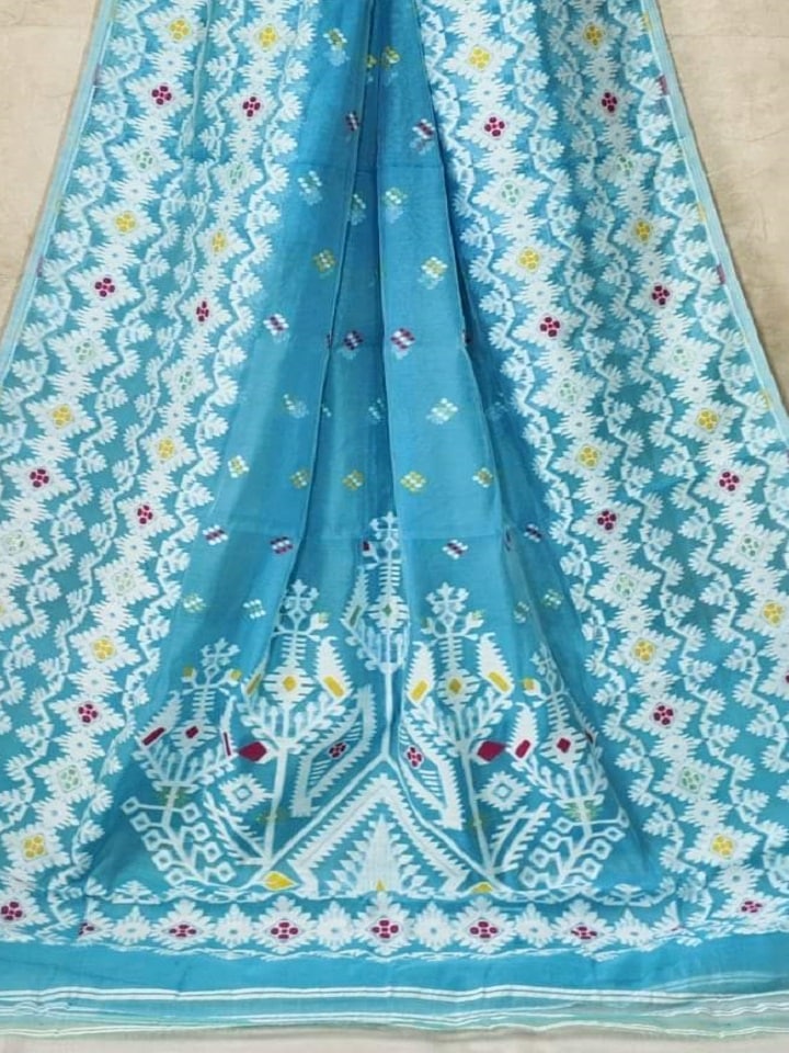 Divine Blue Dhakai Jamdani Light Weight Cotton Silk Saree Without Blouse