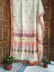 Divine OffWhite Linen Handwoven Jamdani Saree With Thin Borders