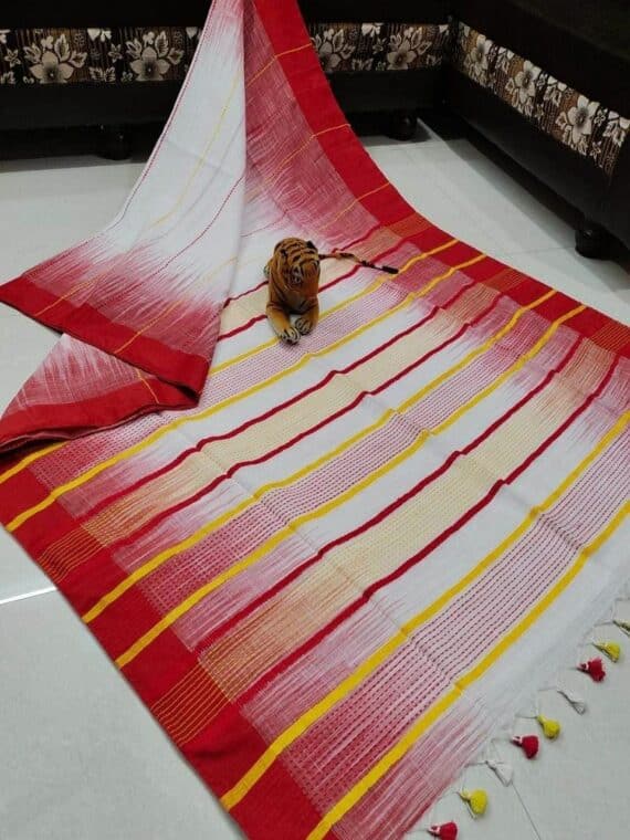 Divine White Stripe Pattern Pure Cotton Ikkat Weave Saree With Red Border