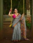 Elegant Grey Linen Handwoven Jamdani Saree With Thin Borders