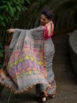 Elegant Grey Linen Handwoven Jamdani Saree With Thin Borders