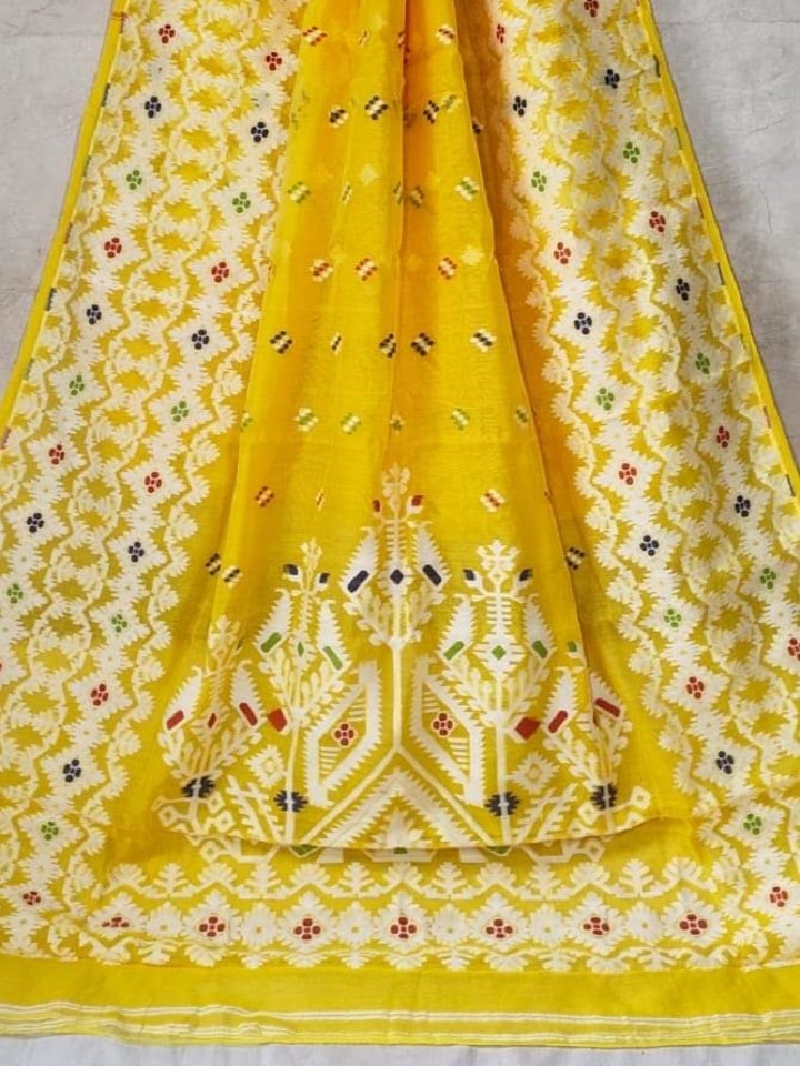 Enticing Yellow Dhakai Jamdani Light Weight Cotton Silk Saree Without Blouse