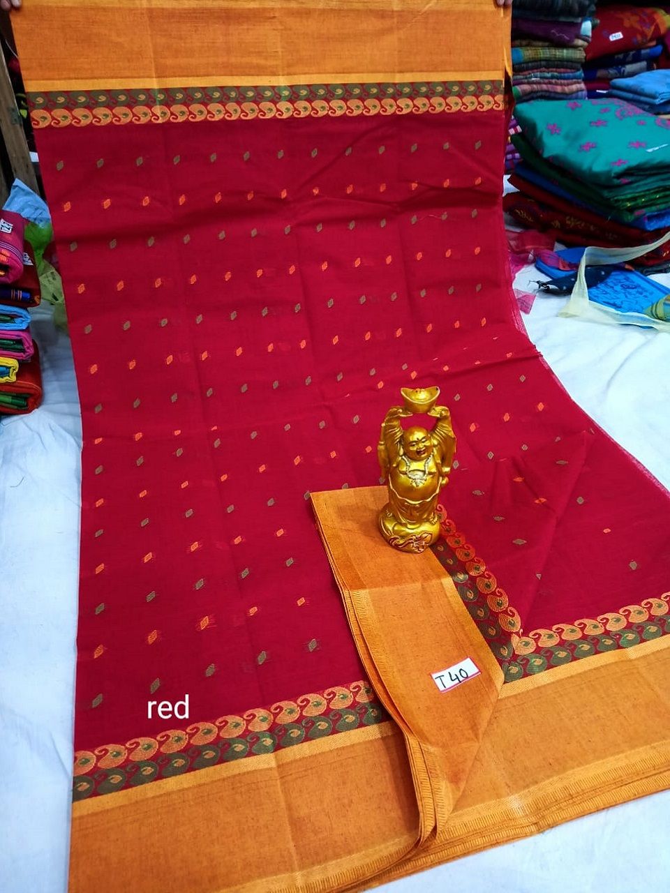 Festive Red Yellow Bengal Tant Handloom Cotton Saree Without Blouse