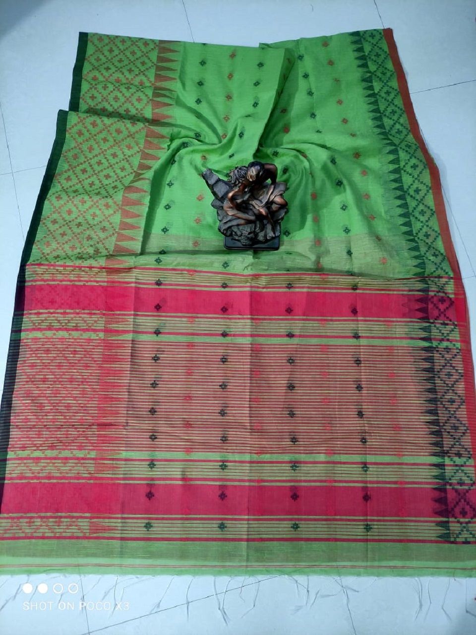 Grass Green Cotton Silk Saree With Butti Weave And Temple Border