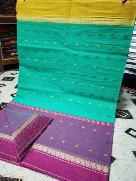 Green Pink Blend Bengal Tant Handwoven Cotton Saree Without Blouse