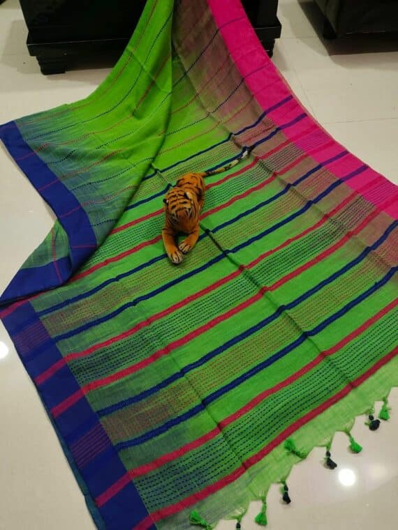 Green Stripe Pattern Pure Cotton Ikkat Weave Saree With Contrast Border