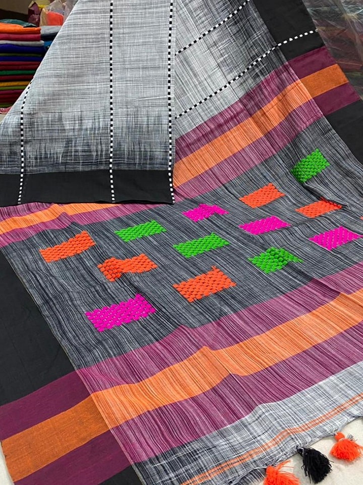Grey Black Pure Cotton Saree With Ikkat Stripe Design new