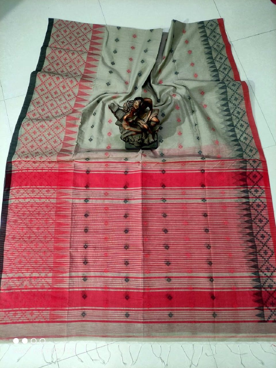 Grey Cotton Silk Saree With Butti Weave And Temple Border