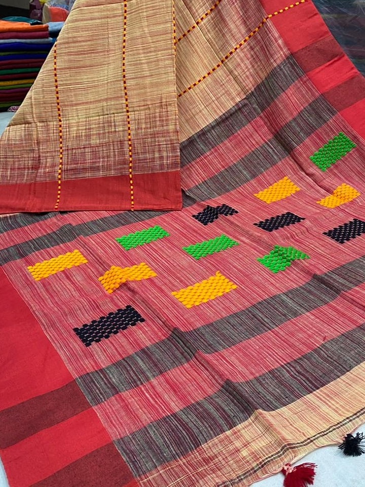 Lovely Mellow Yellow Red Pure Cotton Saree With Ikkat Stripe Design new