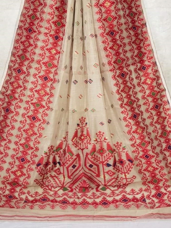 Lovely Red Cream Dhakai Jamdani Light Weight Cotton Silk Saree Without Blouse