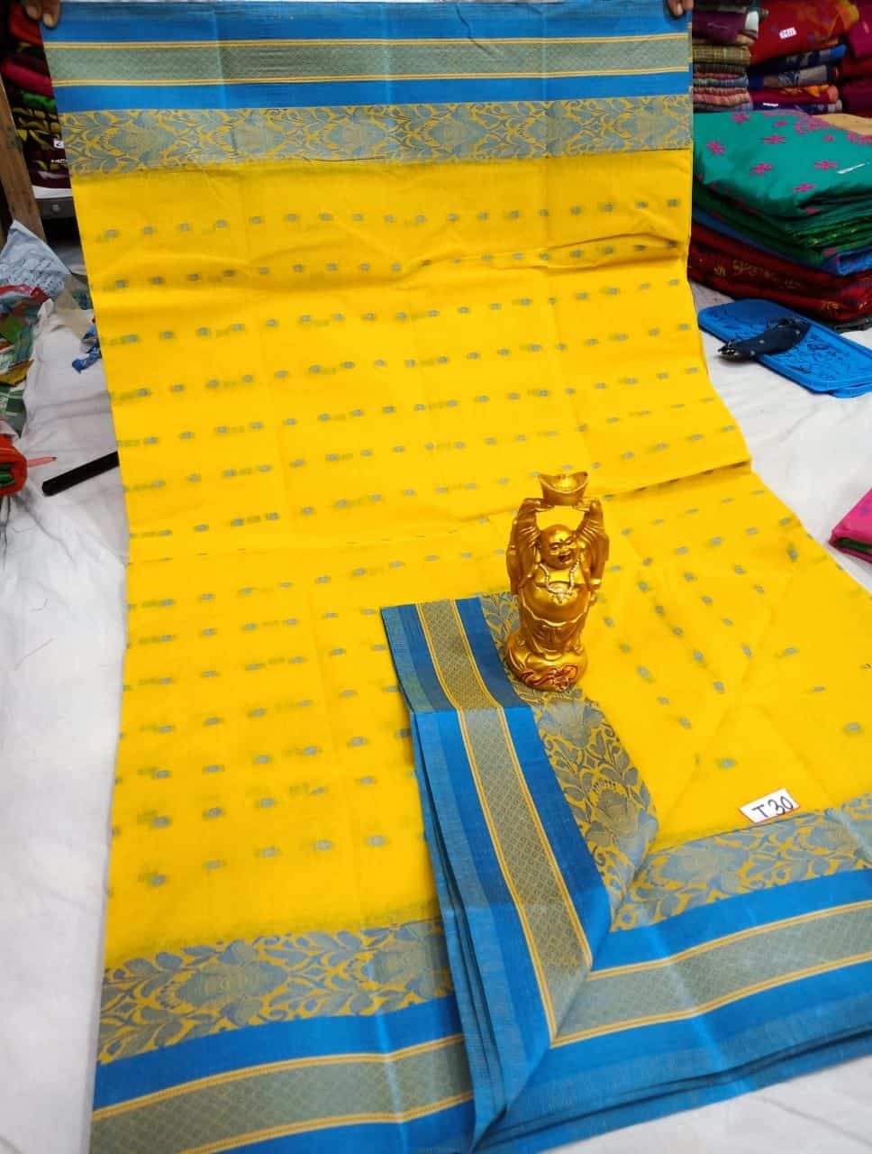Lovely Yellow Blue Bengal Tant Handloom Cotton Saree Without Blouse