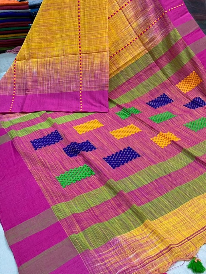 Mustard Yellow Pink Pure Cotton Saree With Ikkat Stripe Design new