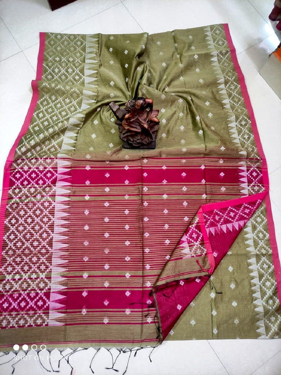Olive Green Cotton Silk Saree With Butti Weave And Temple Border