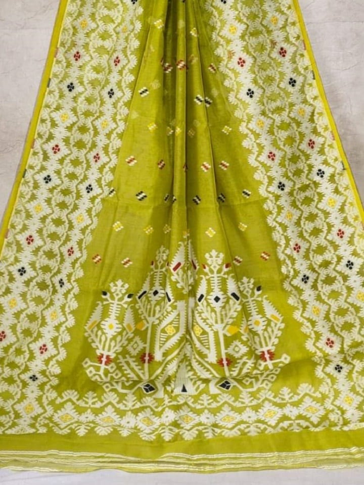 Olive Green Dhakai Jamdani Light Weight Cotton Silk Saree Without Blouse