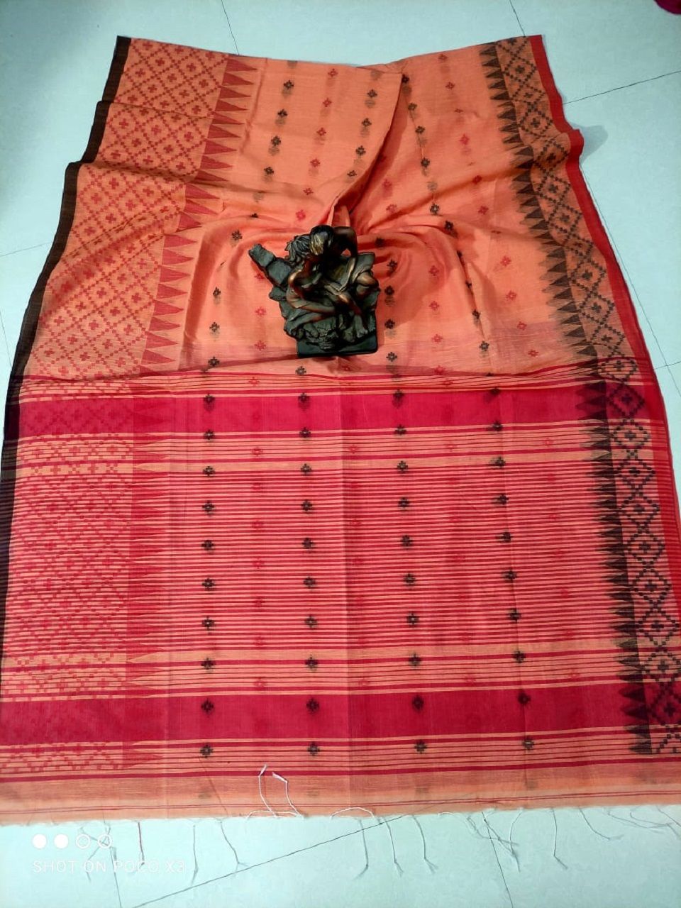 Peach Cotton Silk Saree With Butti Weave And Temple Border