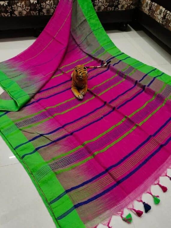 Pink Stripe Pattern Pure Cotton Ikkat Weave Saree With Green Border