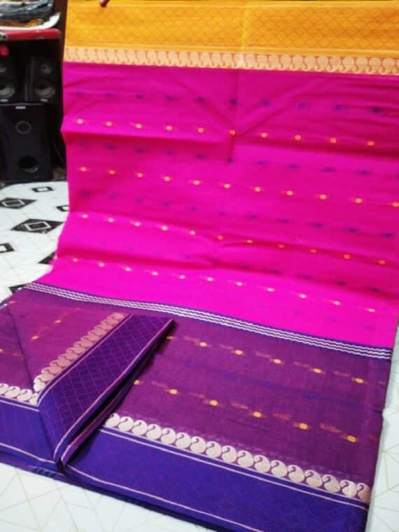 Pink Violet Blend Bengal Tant Handwoven Cotton Saree Without Blouse