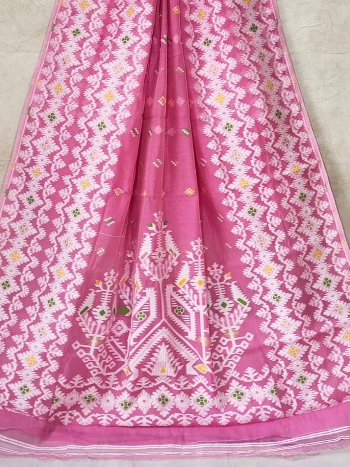 Pleasing Pink Dhakai Jamdani Light Weight Cotton Silk Saree Without Blouse