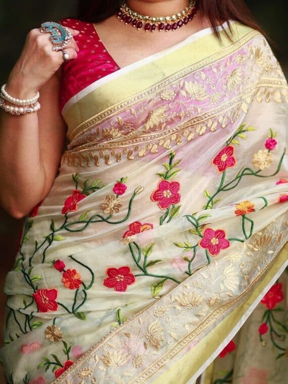 Pleasing White Resham Muslin Pure Silk Saree With Blouse Embroidery20
