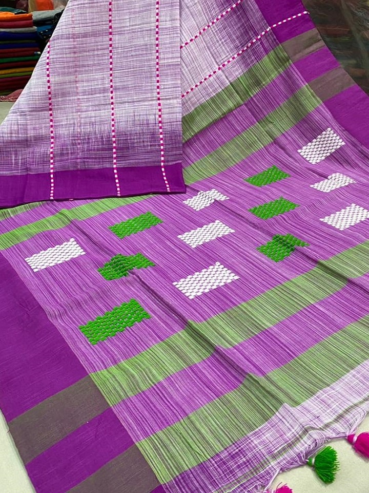 Pretty Purple White Pure Cotton Saree With Ikkat Stripe Design new