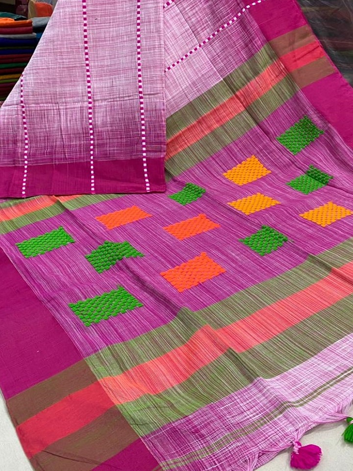 Rani Pink Pure Cotton Saree With Ikkat Stripe Design new