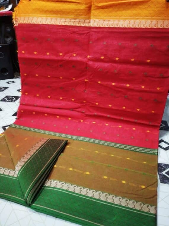 Red Mustard Yellow Blend Bengal Tant Handwoven Cotton Saree Without Blouse