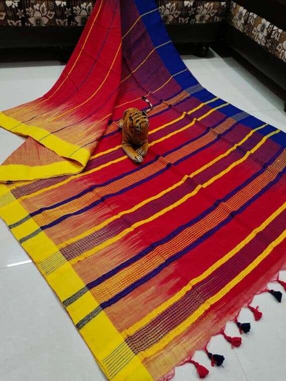 Red Stripe Pattern Pure Cotton Ikkat Weave Saree With Contrast Border