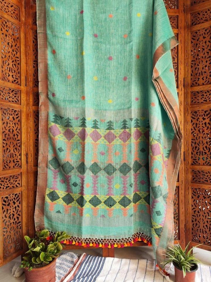 Refreshing SeaGreen Linen Handwoven Jamdani Saree With Thin Borders