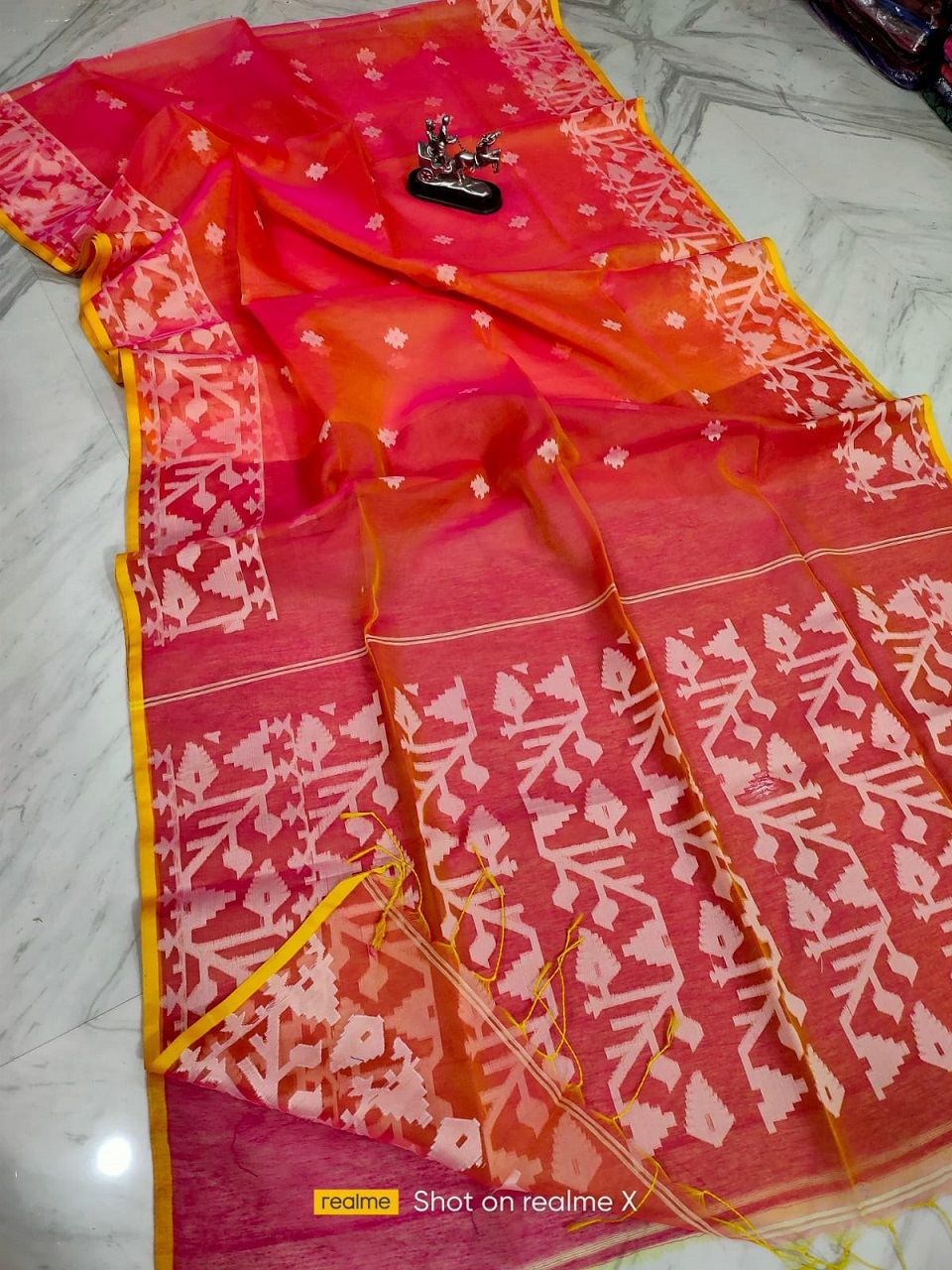 Rich Reddish Yellow Pure Resham Muslin Silk Jamdani Saree