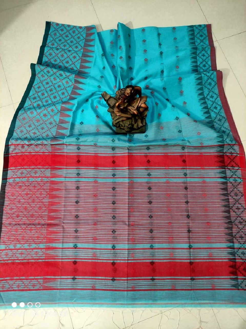 Sky Blue Cotton Silk Saree With Butti Weave And Temple Border