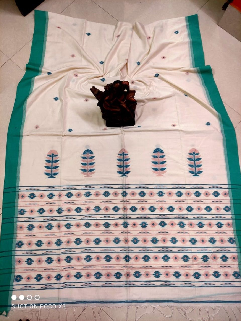 Soft Pearl White Green Exclusive Top Quality Pure Mercerized Cotton Saree